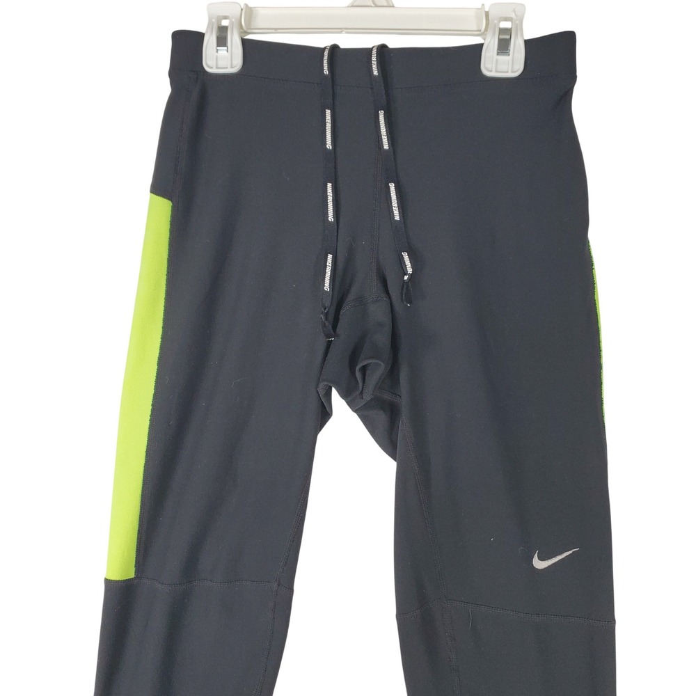 Nike Womens Dri-FIT Running Tights Black Neon Green Zipper Hem 519712-011 Size M